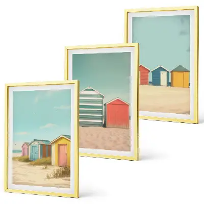 Juego de 3 cuadros con diseño de casas coloridas en la playa al sol