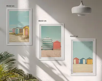 Juego de 3 cuadros con diseño de casas coloridas en la playa al sol