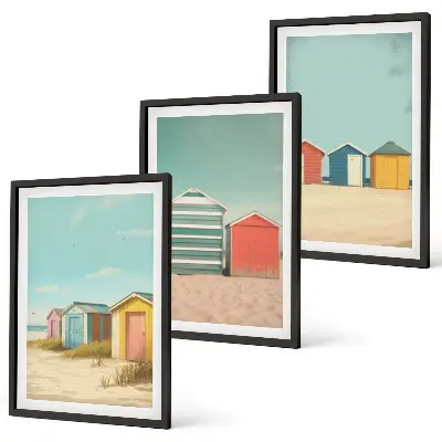 Juego de 3 cuadros con diseño de casas coloridas en la playa al sol
