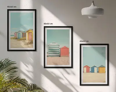 Juego de 3 cuadros con diseño de casas coloridas en la playa al sol