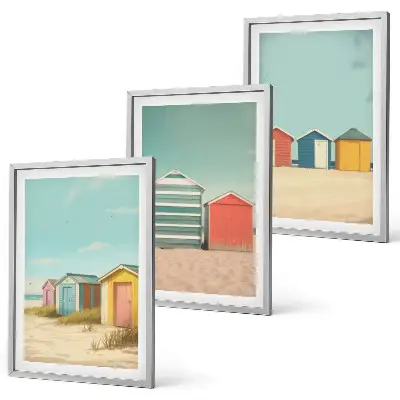 Juego de 3 cuadros con diseño de casas coloridas en la playa al sol