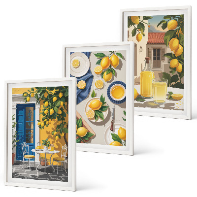 Set de 3 cuadros para salón Jardín de limones con bebidas