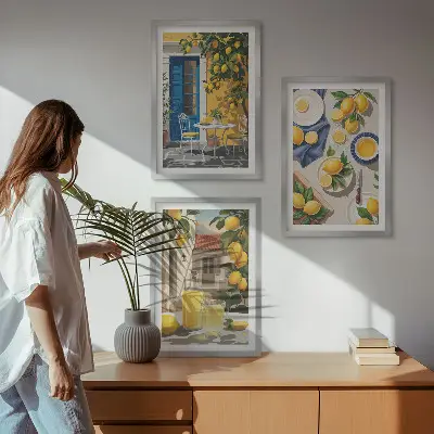 Set de 3 cuadros para salón diseño de jardín de limones con bebidas