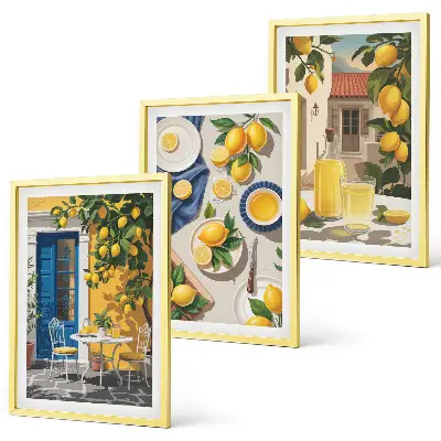 Set de 3 cuadros para salón diseño de jardín de limones con bebidas