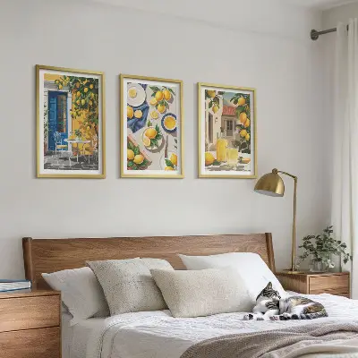 Set de 3 cuadros para salón diseño de jardín de limones con bebidas