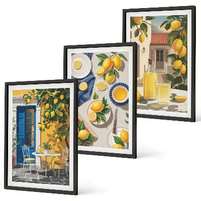 Set de 3 cuadros para salón diseño de jardín de limones con bebidas