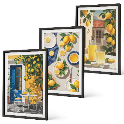 Set de 3 cuadros para salón Jardín de limones con bebidas