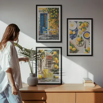 Set de 3 cuadros para salón diseño de jardín de limones con bebidas