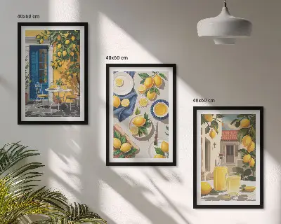 Set de 3 cuadros para salón diseño de jardín de limones con bebidas