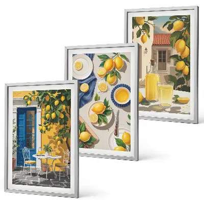 Set de 3 cuadros para salón diseño de jardín de limones con bebidas