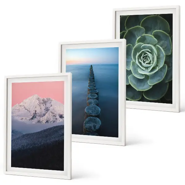 Set de 3 cuadros para salón con diseño de montañas, cielo rosa, agua y suculentas
