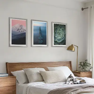 Set de 3 cuadros para salón con diseño de montañas, cielo rosa, agua y suculentas