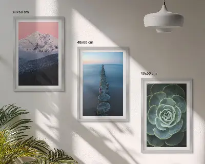 Set de 3 cuadros para salón con diseño de montañas, cielo rosa, agua y suculentas