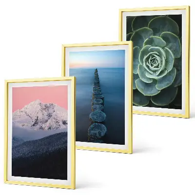 Set de 3 cuadros para salón con diseño de montañas, cielo rosa, agua y suculentas