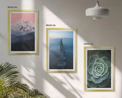 Set de 3 cuadros para salón con diseño de montañas, cielo rosa, agua y suculentas