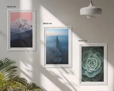 Set de 3 cuadros para salón con diseño de montañas, cielo rosa, agua y suculentas