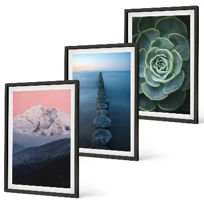 Set de 3 cuadros para salón con diseño de montañas, cielo rosa, agua y suculentas