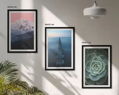 Set de 3 cuadros para salón con diseño de montañas, cielo rosa, agua y suculentas