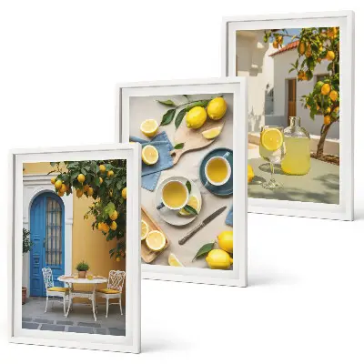 Set de 3 cuadros decorativos para salón con diseño de limones y puerta azul