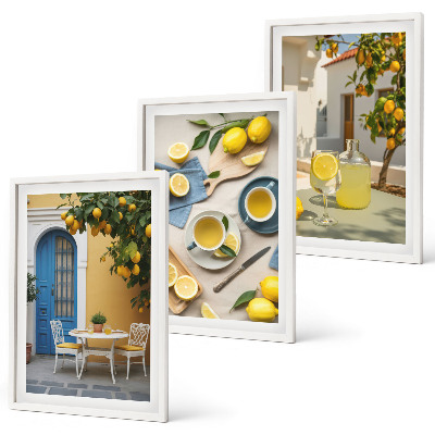 Set de 3 cuadros para salón limones limonada puerta azul