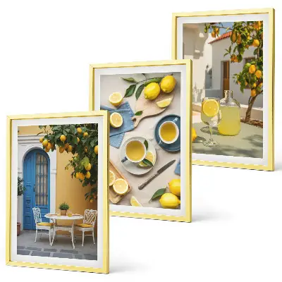 Set de 3 cuadros decorativos para salón con diseño de limones y puerta azul