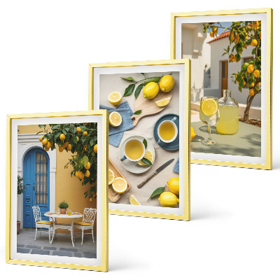 Set de 3 cuadros para salón limones limonada puerta azul