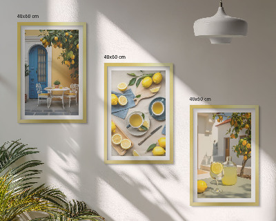 Set de 3 cuadros para salón limones limonada puerta azul