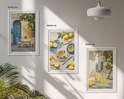 Set de 3 cuadros decorativos para salón con diseño de limones y puerta azul