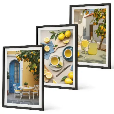 Set de 3 cuadros decorativos para salón con diseño de limones y puerta azul