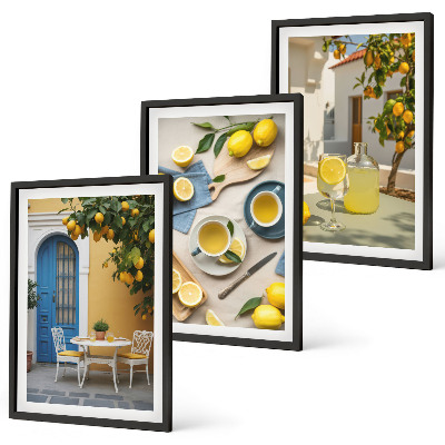 Set de 3 cuadros para salón limones limonada puerta azul