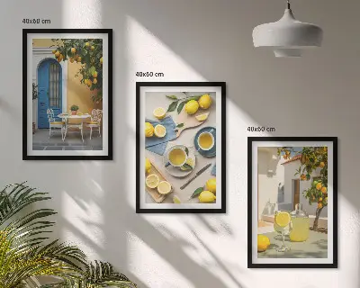 Set de 3 cuadros decorativos para salón con diseño de limones y puerta azul
