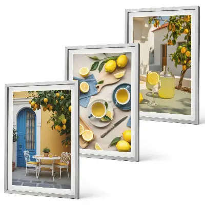 Set de 3 cuadros decorativos para salón con diseño de limones y puerta azul
