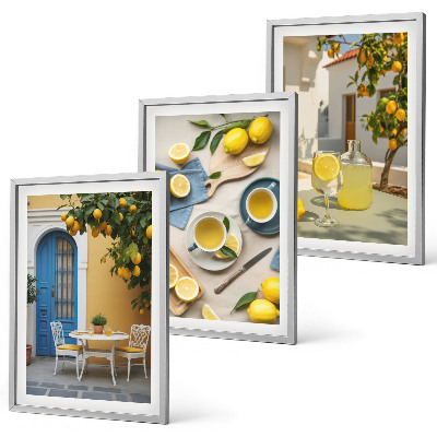 Set de 3 cuadros para salón limones limonada puerta azul