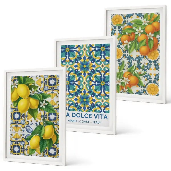 Set de 3 cuadros decorativos para salón con diseño de limones naranjas y flores estilo italiano