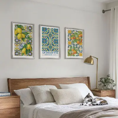 Set de 3 cuadros decorativos para salón con diseño de limones naranjas y flores estilo italiano