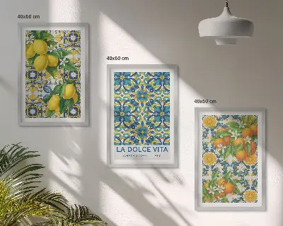 Set de 3 cuadros decorativos para salón con diseño de limones naranjas y flores estilo italiano