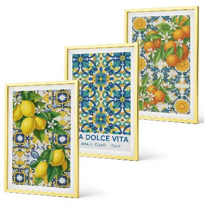 Set de 3 cuadros decorativos para salón con diseño de limones naranjas y flores estilo italiano