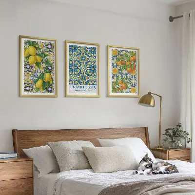 Set de 3 cuadros decorativos para salón con diseño de limones naranjas y flores estilo italiano