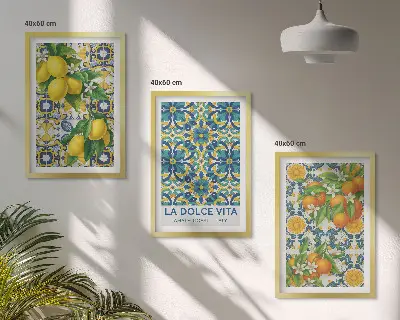 Set de 3 cuadros decorativos para salón con diseño de limones naranjas y flores estilo italiano