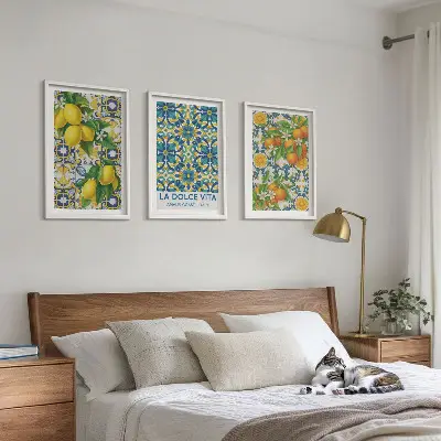 Set de 3 cuadros decorativos para salón con diseño de limones naranjas y flores estilo italiano