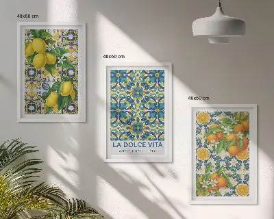 Set de 3 cuadros decorativos para salón con diseño de limones naranjas y flores estilo italiano