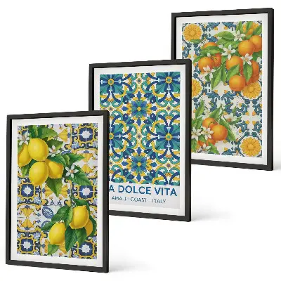 Set de 3 cuadros decorativos para salón con diseño de limones naranjas y flores estilo italiano