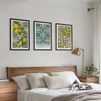 Set de 3 cuadros decorativos para salón con diseño de limones naranjas y flores estilo italiano