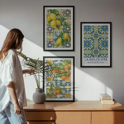 Set de 3 cuadros decorativos para salón con diseño de limones naranjas y flores estilo italiano
