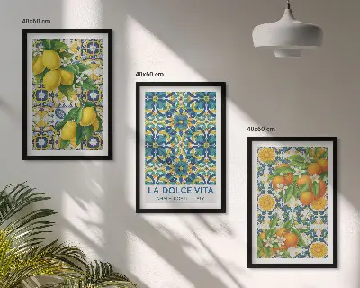 Set de 3 cuadros decorativos para salón con diseño de limones naranjas y flores estilo italiano