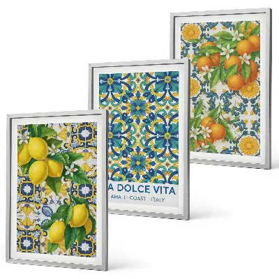 Set de 3 cuadros decorativos para salón con diseño de limones naranjas y flores estilo italiano