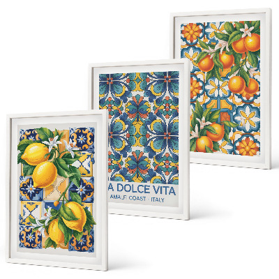Juego de 3 cuadros patrones de flores de naranjo limón