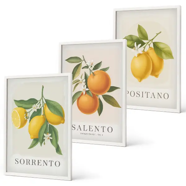 Set de 3 cuadros para salón con diseño de limones y naranjas de Amalfi