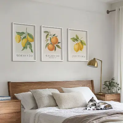 Set de 3 cuadros para salón con diseño de limones y naranjas de Amalfi