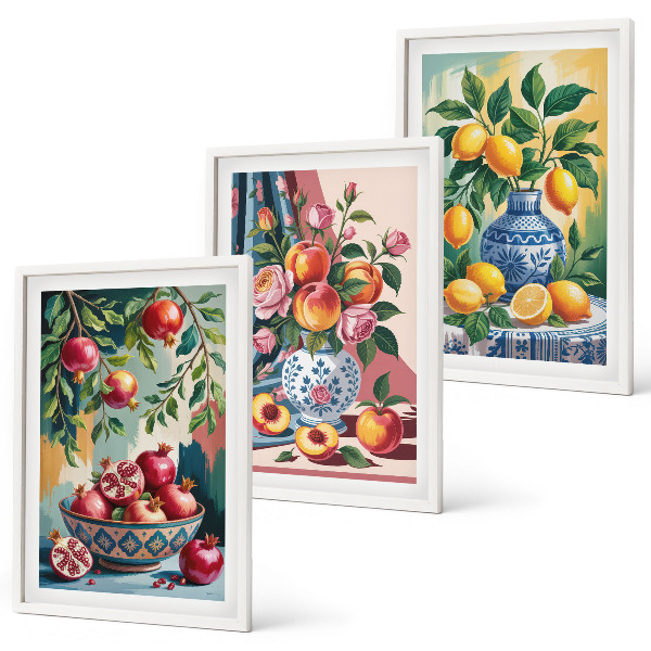 Juego de 3 cuadros Flores y frutas en jarrones